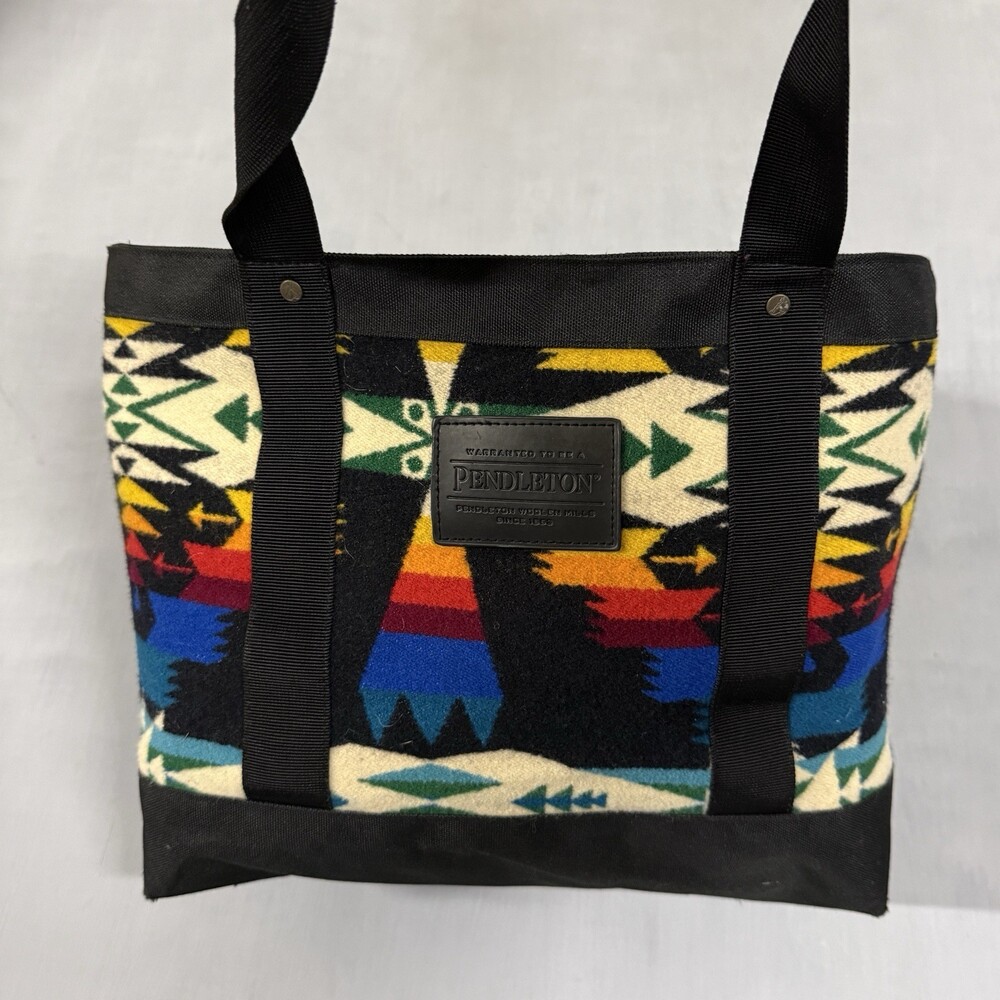 Pendleton Wool Tote Bag Southwestern Tribal Geometric Multi Black Leather Patch
